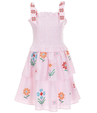 J.Marie Big Girls Piper Stripe Floral Print Tie Strap Ruched Tiered Dress