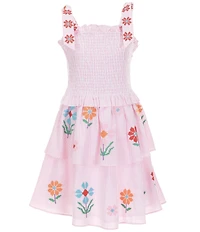 J.Marie Big Girls Piper Stripe Floral Print Tie Strap Ruched Tiered Dress