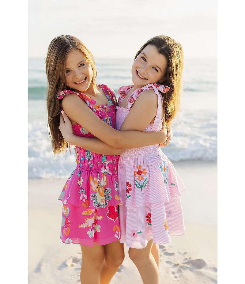 J.Marie Big Girls Piper Stripe Floral Print Tie Strap Ruched Tiered Dress