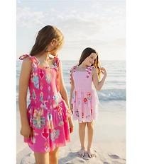 J.Marie Big Girls Piper Stripe Floral Print Tie Strap Ruched Tiered Dress
