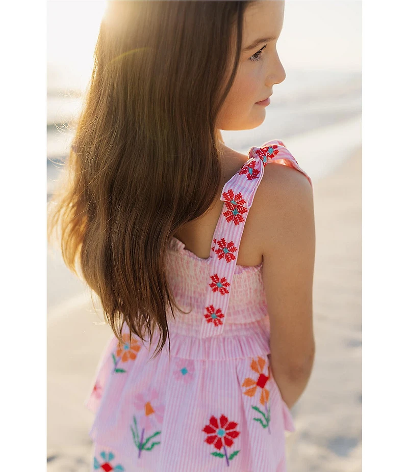 J.Marie Big Girls Piper Stripe Floral Print Tie Strap Ruched Tiered Dress