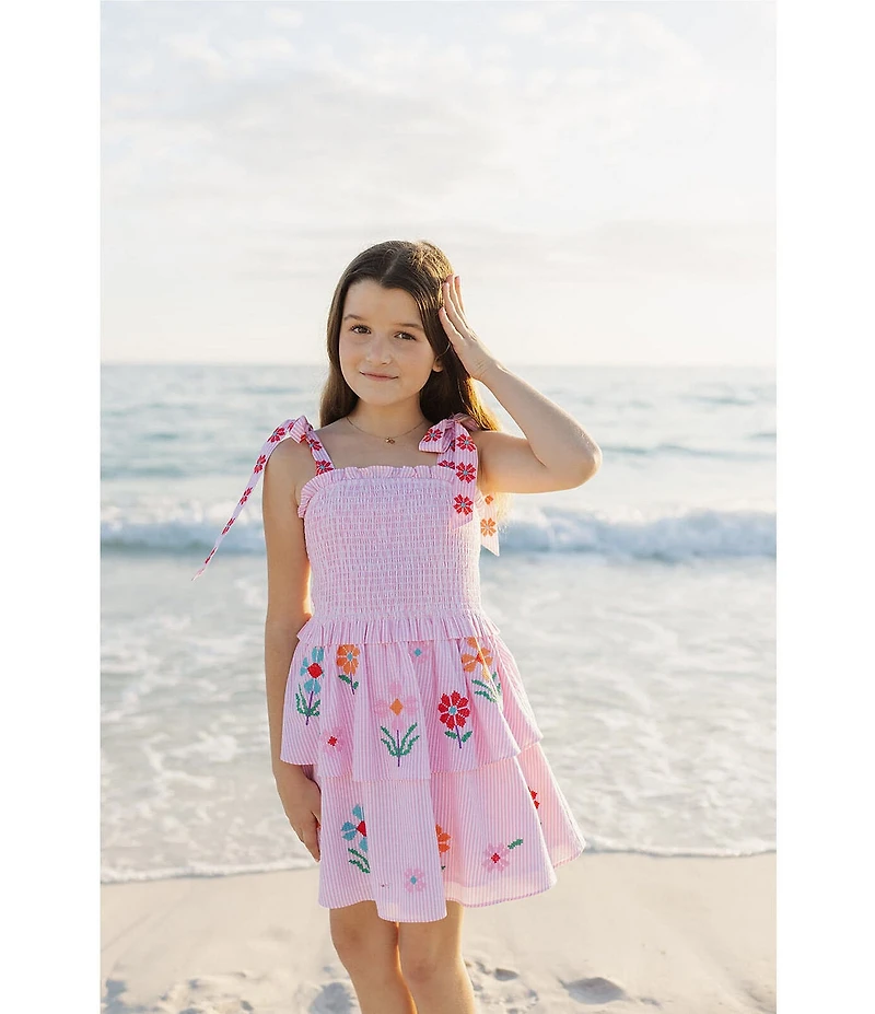 J.Marie Big Girls Piper Stripe Floral Print Tie Strap Ruched Tiered Dress