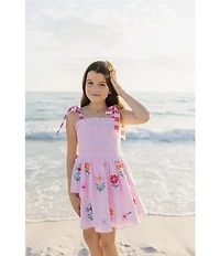 J.Marie Big Girls Piper Stripe Floral Print Tie Strap Ruched Tiered Dress