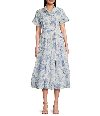 J.Marie Chloe Button Up Ruffle Sleeve Belted Tiered Midi A-Line Dress