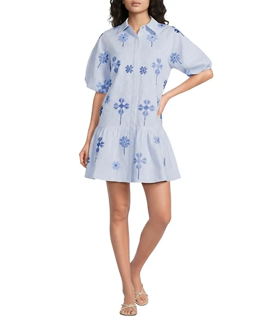 J.Marie Dana Embroidered Tiered Button Up Short Puff Sleeve Button Front Shirt Dress