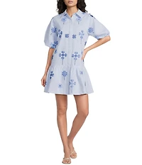 J.Marie Dana Embroidered Tiered Button Up Short Puff Sleeve Button Front Shirt Dress