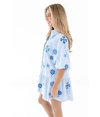 J.Marie Dana Embroidered Tiered Button Up Short Puff Sleeve Button Front Shirt Dress