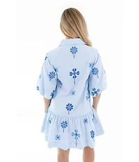 J.Marie Dana Embroidered Tiered Button Up Short Puff Sleeve Button Front Shirt Dress