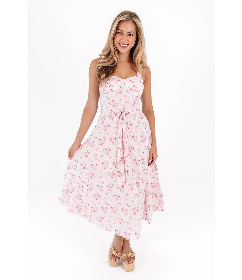 J.Marie Ellie Floral Print Sweetheart Neckline A-Line Midi Dress