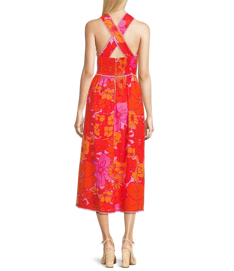 J.Marie Floral V-Neck Sleeveless Ric Rac Trim Midi A-Line Dress