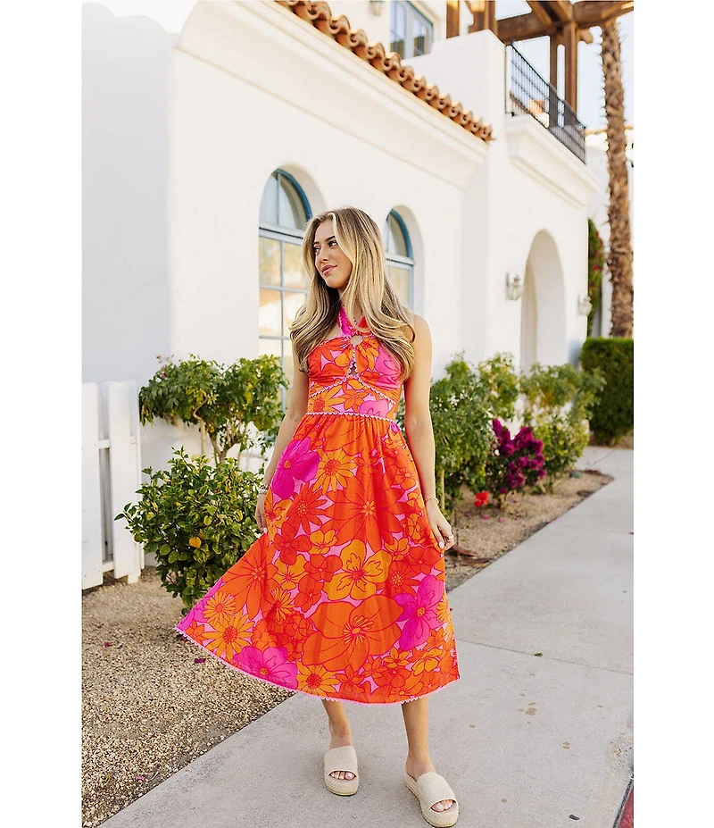 J.Marie Floral V-Neck Sleeveless Ric Rac Trim Midi A-Line Dress