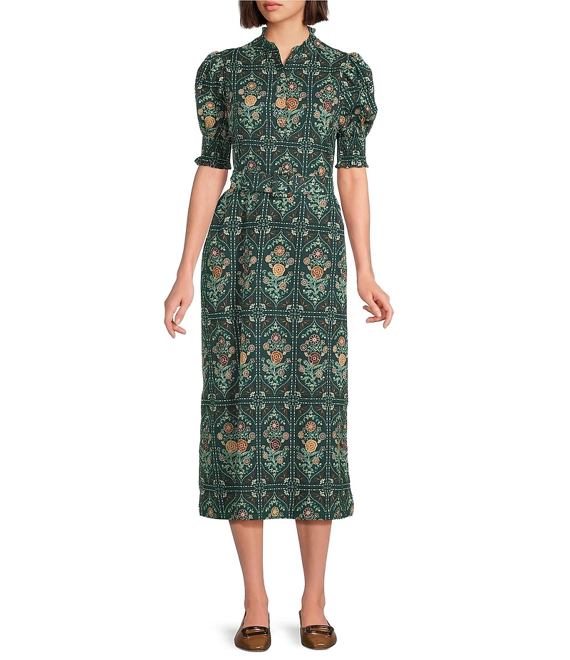 J.Marie Hazel Printed Short Sleeve Button Front Midi Ruffle Dress