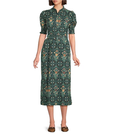 J.Marie Hazel Printed Short Sleeve Button Front Midi Ruffle Dress