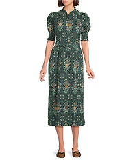 J.Marie Hazel Printed Short Sleeve Button Front Midi Ruffle Dress