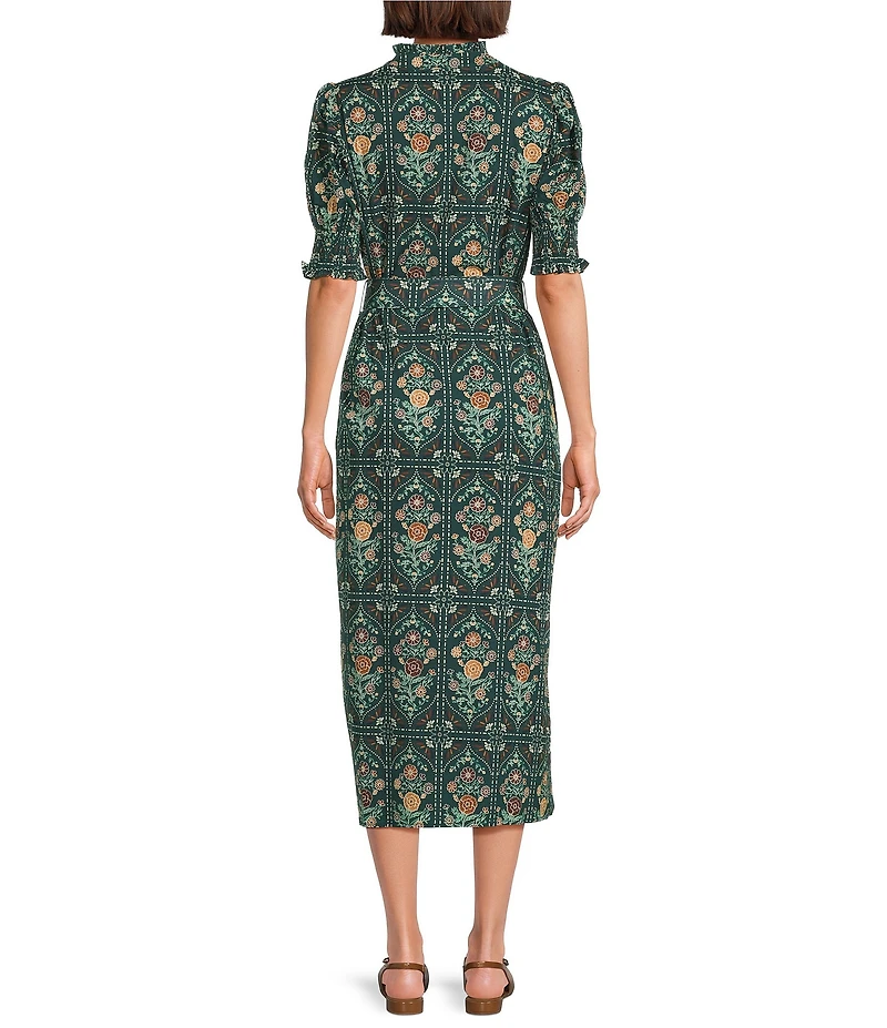 J.Marie Hazel Printed Short Sleeve Button Front Midi Ruffle Dress