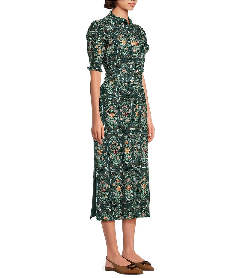 J.Marie Hazel Printed Short Sleeve Button Front Midi Ruffle Dress