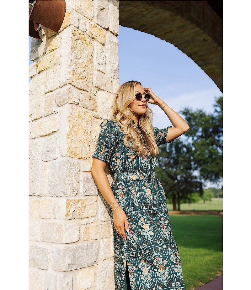 J.Marie Hazel Printed Short Sleeve Button Front Midi Ruffle Dress
