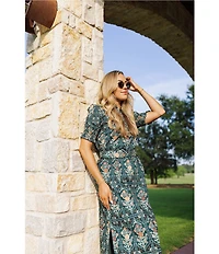 J.Marie Hazel Printed Short Sleeve Button Front Midi Ruffle Dress
