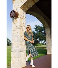 J.Marie Hazel Printed Short Sleeve Button Front Midi Ruffle Dress