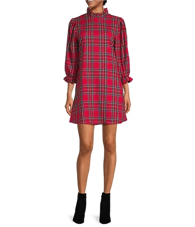 J.Marie Hollin Woven Plaid Mock Neck Long Sleeve Back Bow Dress