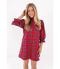J.Marie Hollin Woven Plaid Mock Neck Long Sleeve Back Bow Dress