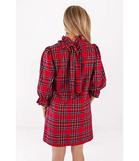 J.Marie Hollin Woven Plaid Mock Neck Long Sleeve Back Bow Dress