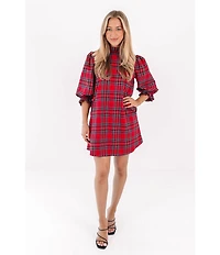 J.Marie Hollin Woven Plaid Mock Neck Long Sleeve Back Bow Dress