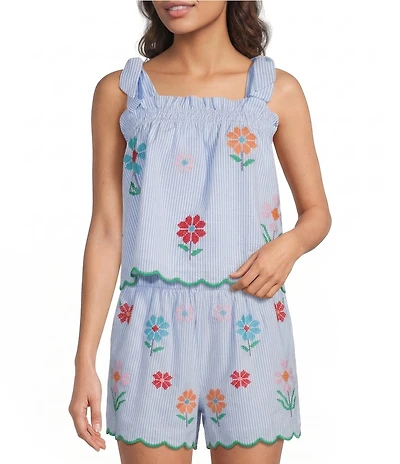 J.Marie Hunter Coordinating Woven Floral Embroidered Square Neck Tie Strap Top