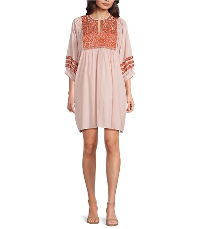 J.Marie Jess Stripe Embroidered 3/4 Puff Sleeve V-Neckline Mini Dress