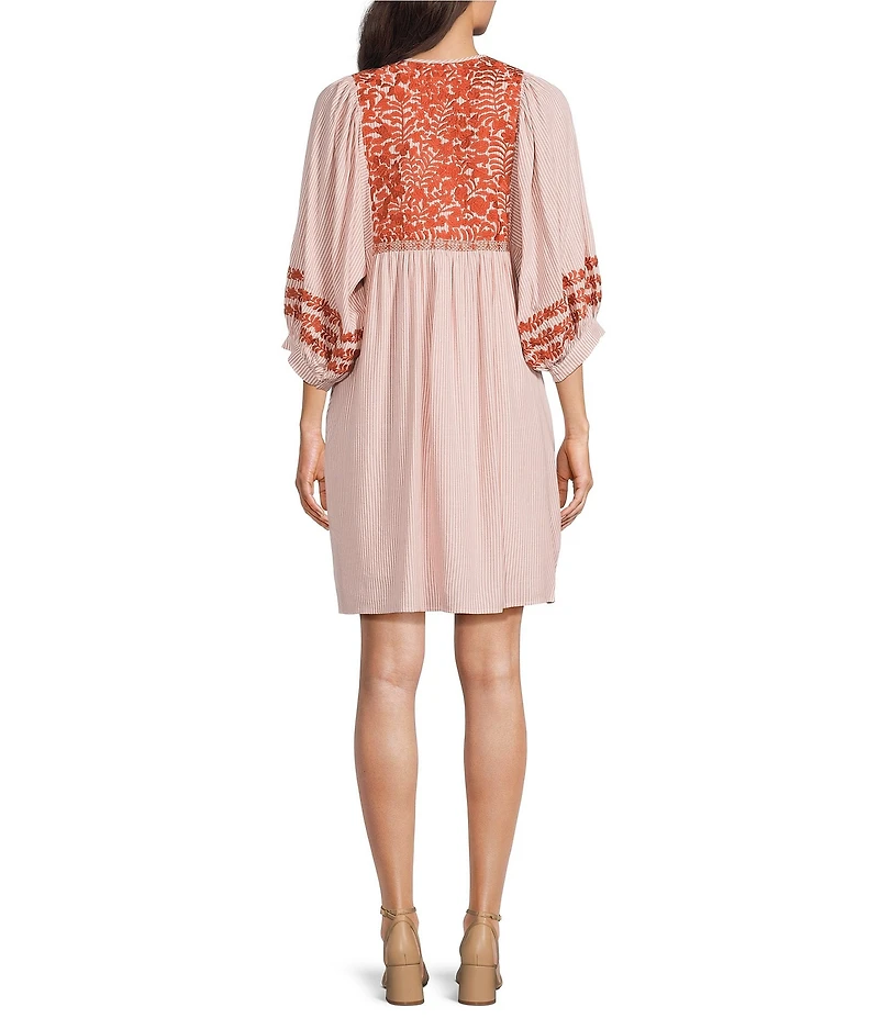 J.Marie Jess Stripe Embroidered 3/4 Puff Sleeve V-Neckline Mini Dress