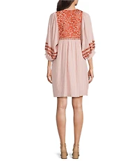 J.Marie Jess Stripe Embroidered 3/4 Puff Sleeve V-Neckline Mini Dress