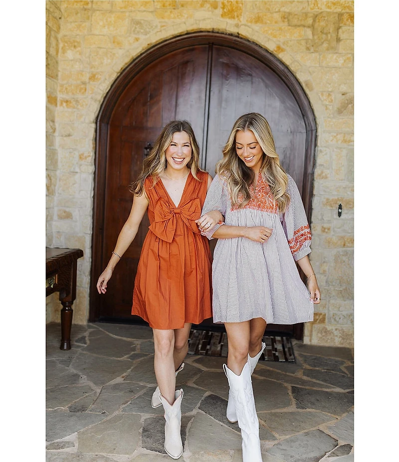 J.Marie Jess Stripe Embroidered 3/4 Puff Sleeve V-Neckline Mini Dress