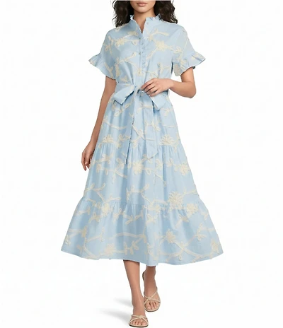 J.Marie Jill Ruffle Short Sleeve Button Up Soutache Midi Dress