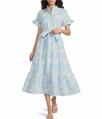 J.Marie Jill Ruffle Short Sleeve Button Up Soutache Midi Dress