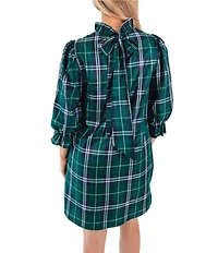J.Marie Jordyn Woven Plaid Print Mock Neck Long Sleeve Tie Back Bow Dress