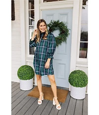 J.Marie Jordyn Woven Plaid Print Mock Neck Long Sleeve Tie Back Bow Dress