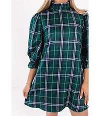 J.Marie Jordyn Woven Plaid Print Mock Neck Long Sleeve Tie Back Bow Dress