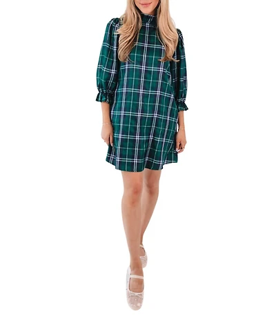 J.Marie Jordyn Woven Plaid Print Mock Neck Long Sleeve Tie Back Bow Dress