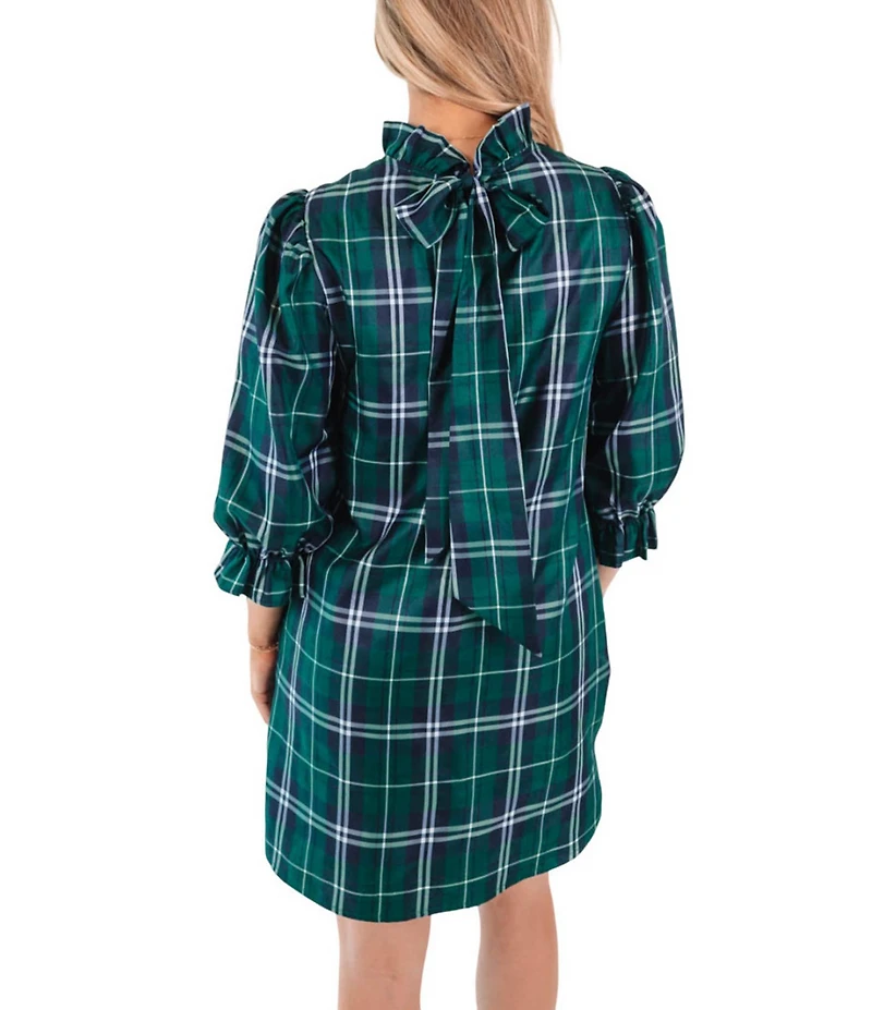 J.Marie Jordyn Woven Plaid Print Mock Neck Long Sleeve Tie Back Bow Dress