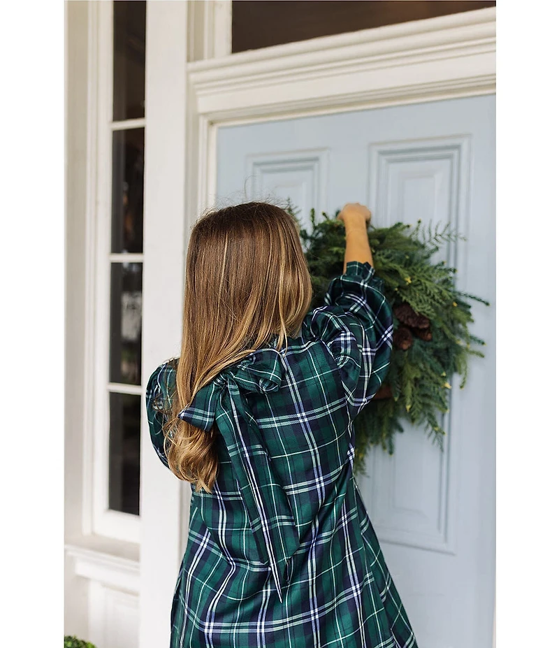 J.Marie Jordyn Woven Plaid Print Mock Neck Long Sleeve Tie Back Bow Dress