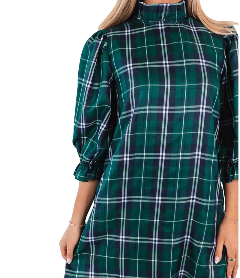 J.Marie Jordyn Woven Plaid Print Mock Neck Long Sleeve Tie Back Bow Dress