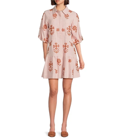 J.Marie Kade Embroidered Short Sleeve Button up Mini Dress