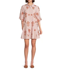 J.Marie Kade Embroidered Short Sleeve Button up Mini Dress