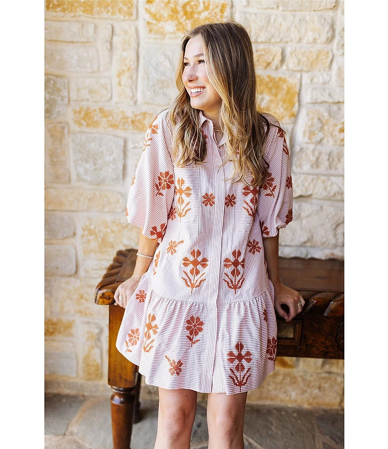 J.Marie Kade Embroidered Short Sleeve Button up Mini Dress