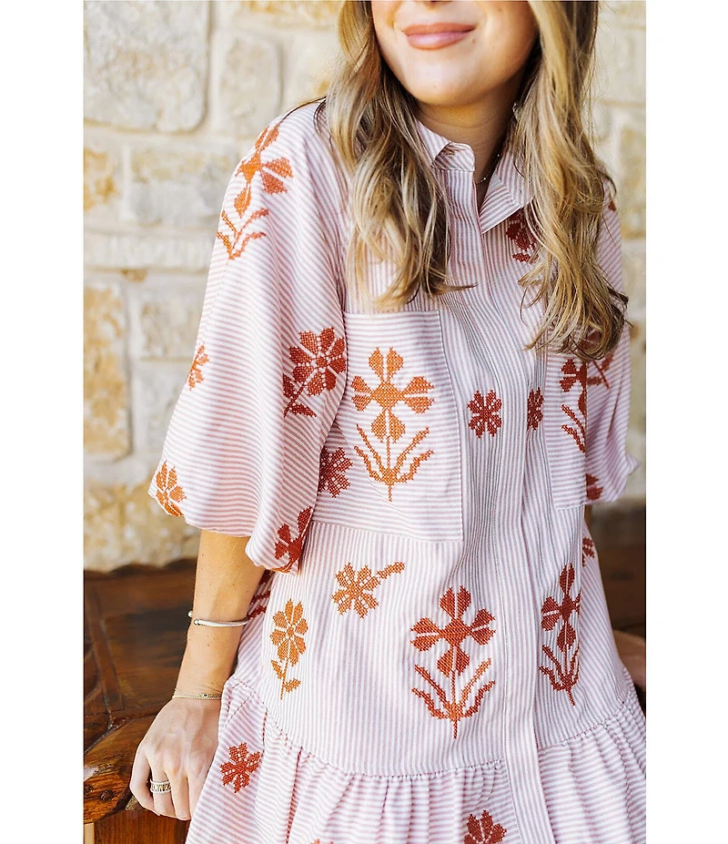 J.Marie Kade Embroidered Short Sleeve Button up Mini Dress