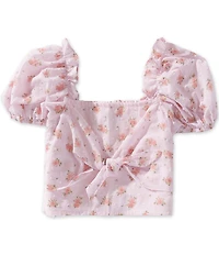 J.Marie Big Girls Adeline Floral Print Square Neck Short Puff Sleeve Ruched Tie Top