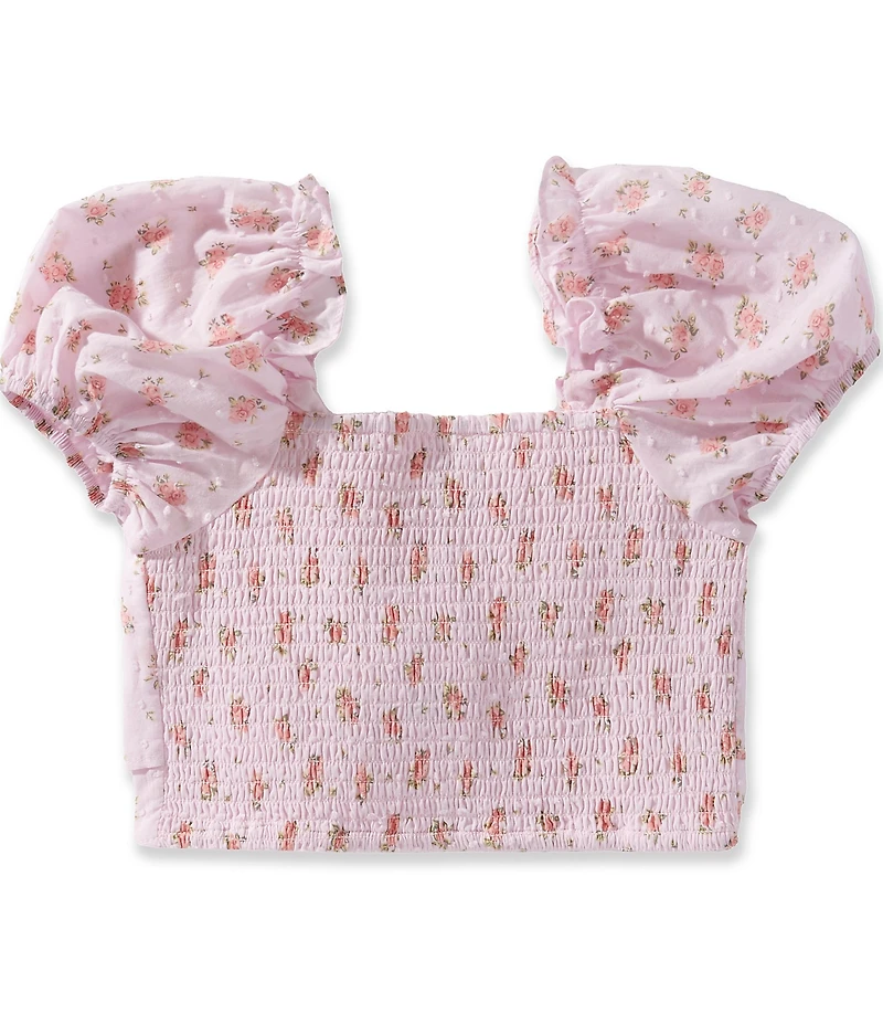 J.Marie Big Girls Adeline Floral Print Square Neck Short Puff Sleeve Ruched Tie Top