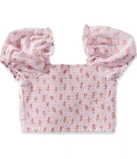 J.Marie Big Girls Adeline Floral Print Square Neck Short Puff Sleeve Ruched Tie Top