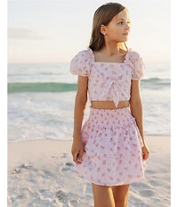 J.Marie Big Girls Adeline Floral Print Square Neck Short Puff Sleeve Ruched Tie Top