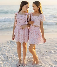 J.Marie Big Girls Adeline Floral Print Square Neck Short Puff Sleeve Ruched Tie Top